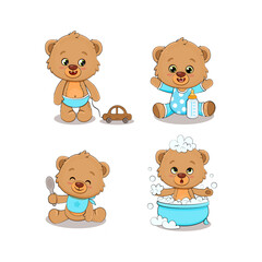 Set of cute cartoon teddy bear in different poses. Teddy bear with toy car, baby bottle. Vector illustration