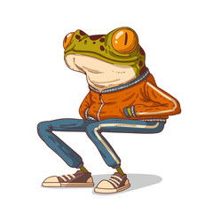 Urban frog guy, vector illustration. A calm anthropomorphic frog sitting with his hands in pockets and observing what is happening. A humanized hipster toad. An animal character with a human body. - obrazy, fototapety, plakaty