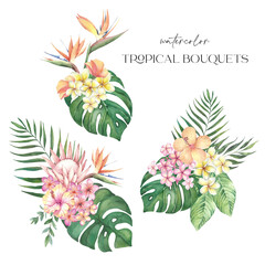 Watercolor tropical set of bouquets with flowers and leaves on a white background for decoration.