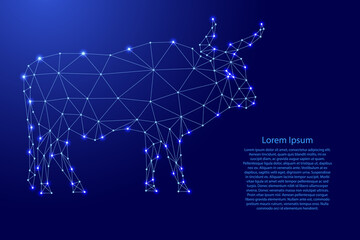 Bull, symbol of horoscope according to Eastern calendar, from futuristic polygonal blue lines and glowing stars for banner, poster, greeting card. Vector illustration.
