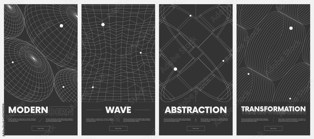 Poster сollection vector posters with strange wireframes of geometric shapes modern design inspired by brut