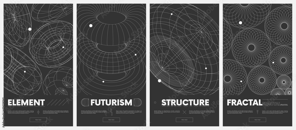 Leinwandbilder Сollection vector posters with strange wireframes of geometric shapes modern design inspired by brutalism, 3d structure physical figures set 4