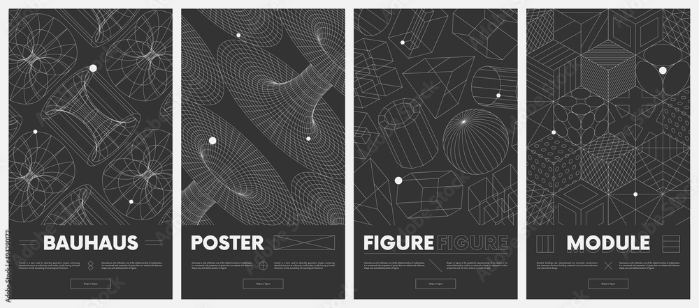 Poster сollection vector posters with strange wireframes of geometric shapes modern design inspired by brut