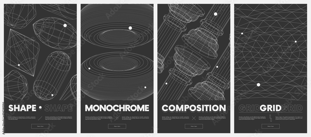 Fototapete Сollection vector posters with strange wireframes of geometric shapes modern design inspired by brutalism, structures of various shapes, retro futuristic graphics set 3