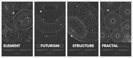 Сollection vector posters with strange wireframes of geometric shapes modern design inspired by brutalism, 3d structure physical figures set 4