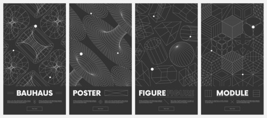 Сollection vector posters with strange wireframes of geometric shapes modern design inspired by brutalism, graphic vaporwave and retrofuturistic style set 5