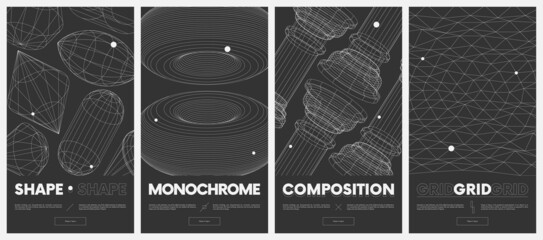 Сollection vector posters with strange wireframes of geometric shapes modern design inspired by brutalism, structures of various shapes, retro futuristic graphics set 3