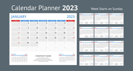 Calendar Planner for 2023. Calendar template for 2023. Corporate and business calendar. Stationery Design Print Template. Week Starts on Sunday.