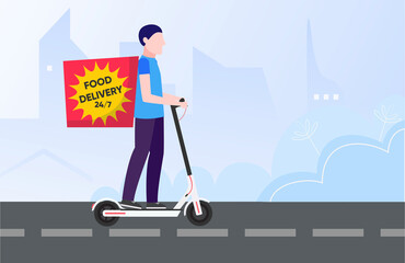 Food delivery concept. Minimal flat vector illustration of courier on electric scooter