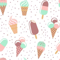 Muurstickers Ice cream seamless pattern. White background with chocolate chips. Colorful vector illustration. © olgdesigner