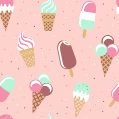 Foto auf Glas Ice cream seamless pattern. Creamy peach background with confectionery toppings. Colorful vector illustration. © olgdesigner