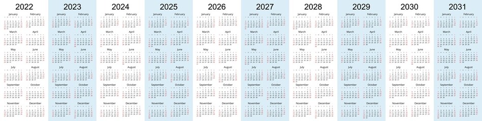 Calendar Planner 2023, 2024, 2025, 2026, 2027, 2028, 2029, 2030, 2031. Calendar template. Design Print Template. Week Starts on Sunday