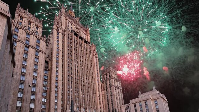 Celebratory colorful fireworks and  Ministry of Foreign Affairs of the Russian Federation, Moscow, Russia