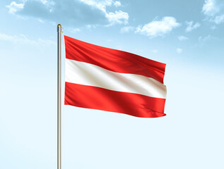 Austria national flag waving in blue sky with clouds. Austria flag. 3D illustration