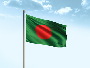 Fototapeta na wymiar Bangladesh national flag waving in blue sky with clouds. Bangladesh flag. 3D illustration