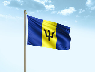 Barbados national flag waving in blue sky with clouds. Barbados flag. 3D illustration