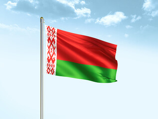 Belarus national flag waving in blue sky with clouds. Belarus flag. 3D illustration