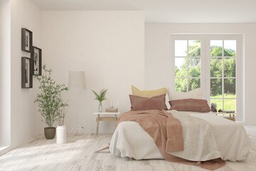 Soft color bedroom interior. Scandinavian design. 3D illustration