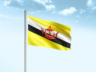 Brunei national flag waving in blue sky with clouds. Brunei flag. 3D illustration
