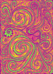Juicy summer psychedelic dizzy colorful background. Fantastic art with decorative texture. Surreal doodle pattern. Rainbow colors abstract pattern