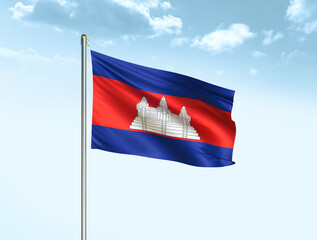 Cambodia national flag waving in blue sky with clouds. Cambodia flag. 3D illustration