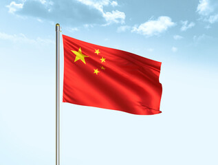 Fototapeta na wymiar China national flag waving in blue sky with clouds. China flag. 3D illustration