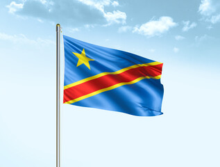 Congo national flag waving in blue sky with clouds. Congo flag. 3D illustration