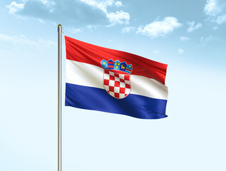 Croatia national flag waving in blue sky with clouds. Croatia flag. 3D illustration