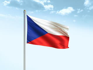 Czech Republic national flag waving in blue sky with clouds. Czechia flag. 3D illustration