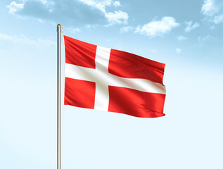 Denmark national flag waving in blue sky with clouds. Denmark flag. 3D illustration