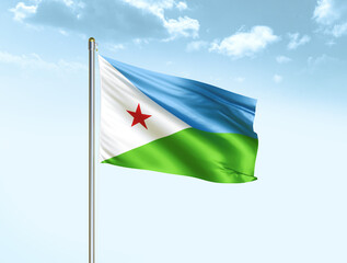 Djibouti national flag waving in blue sky with clouds. Djibouti flag. 3D illustration