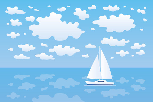 White sailboat or sailing yacht at calm sea vector illustration