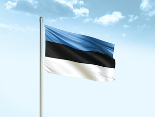 Estonia national flag waving in blue sky with clouds. Estonia flag. 3D illustration