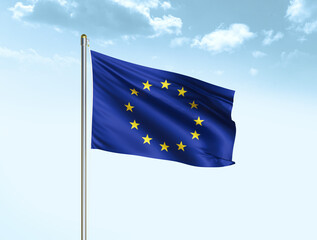 European union national flag waving in blue sky with clouds. European union flag. 3D illustration