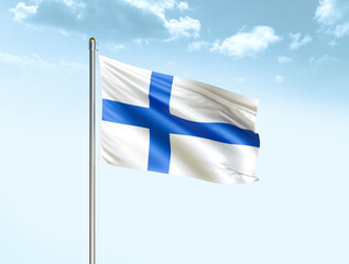 Finland national flag waving in blue sky with clouds. Finland flag. 3D illustration