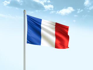 Fototapeta na wymiar France national flag waving in blue sky with clouds. France flag. 3D illustration