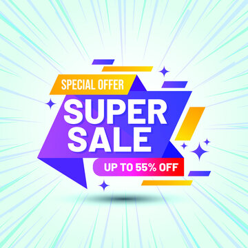 Sale discount banner. 55% off, abstract advertising promotion banner. Creative background, graphic design elements. Special offer. Buy it now button. EPS 10 vector illustration