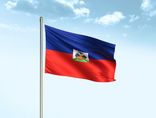 Haiti national flag waving in blue sky with clouds. Haiti flag. 3D illustration