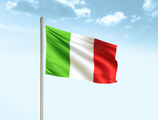 Italy national flag waving in blue sky with clouds. Italy flag. 3D illustration