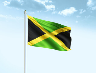 Jamaica national flag waving in blue sky with clouds. Jamaica flag. 3D illustration