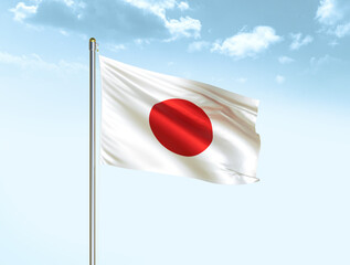 Japan national flag waving in blue sky with clouds. Japan flag. 3D illustration