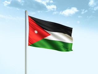 Jordan national flag waving in blue sky with clouds. Jordan flag. 3D illustration