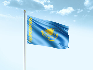 Kazakhstan national flag waving in blue sky with clouds. Kazakhstan flag. 3D illustration
