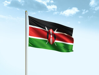 Kenya national flag waving in blue sky with clouds. Kenya flag. 3D illustration