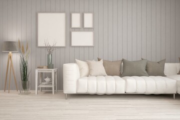 White living room with sofa. Scandinavian interior design. 3D illustration