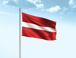 Latvia national flag waving in blue sky with clouds. Latvia flag. 3D illustration
