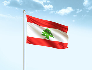 Lebanon national flag waving in blue sky with clouds. Lebanon flag. 3D illustration