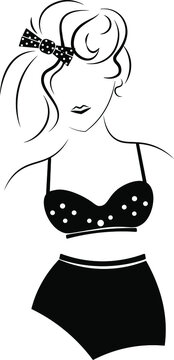 Woman in swimwear retro style stock image. Swimsuit or underwear vector outlines.