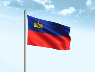 Liechtenstein national flag waving in blue sky with clouds. Liechtenstein flag. 3D illustration