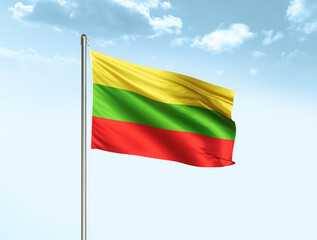 Lithuania national flag waving in blue sky with clouds. Lithuania flag. 3D illustration